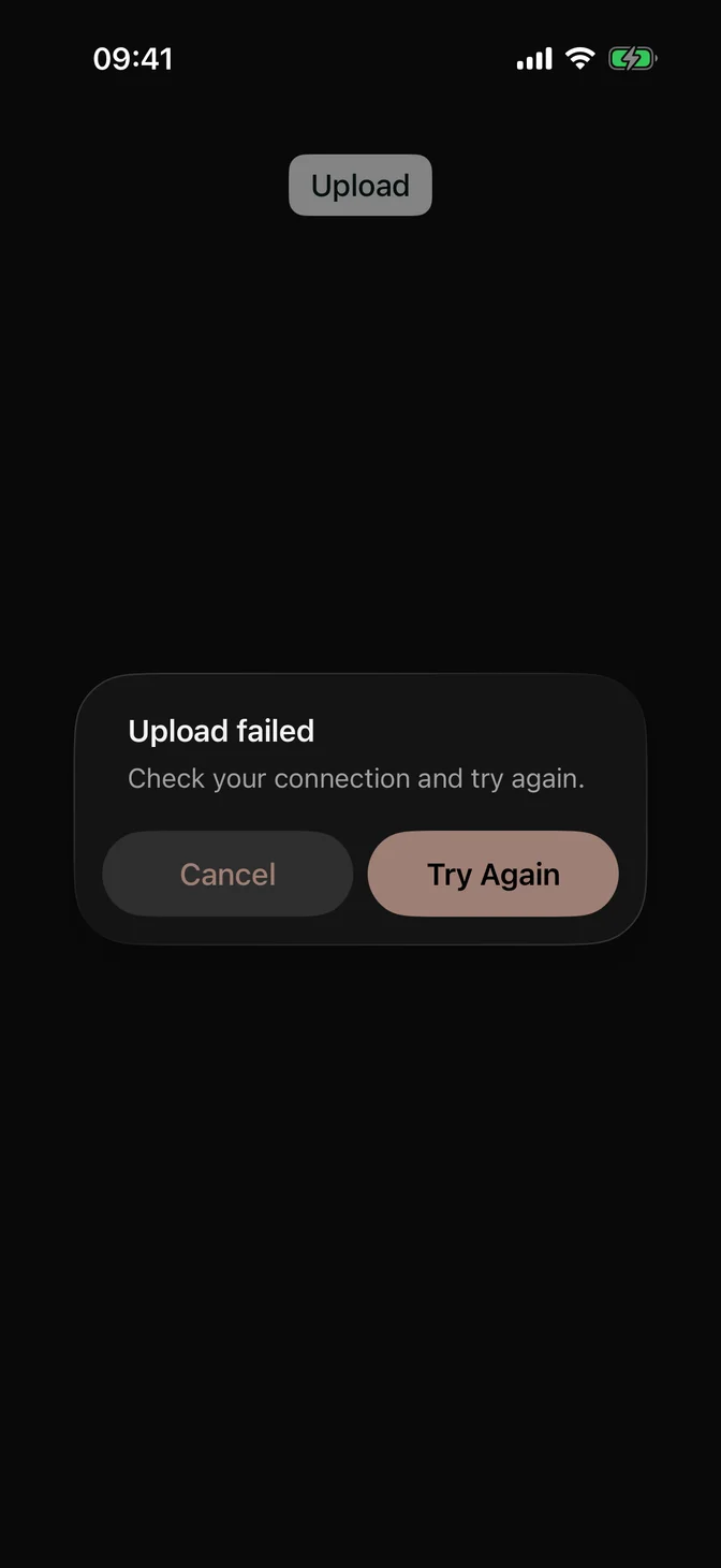 Native alert showing an upload error