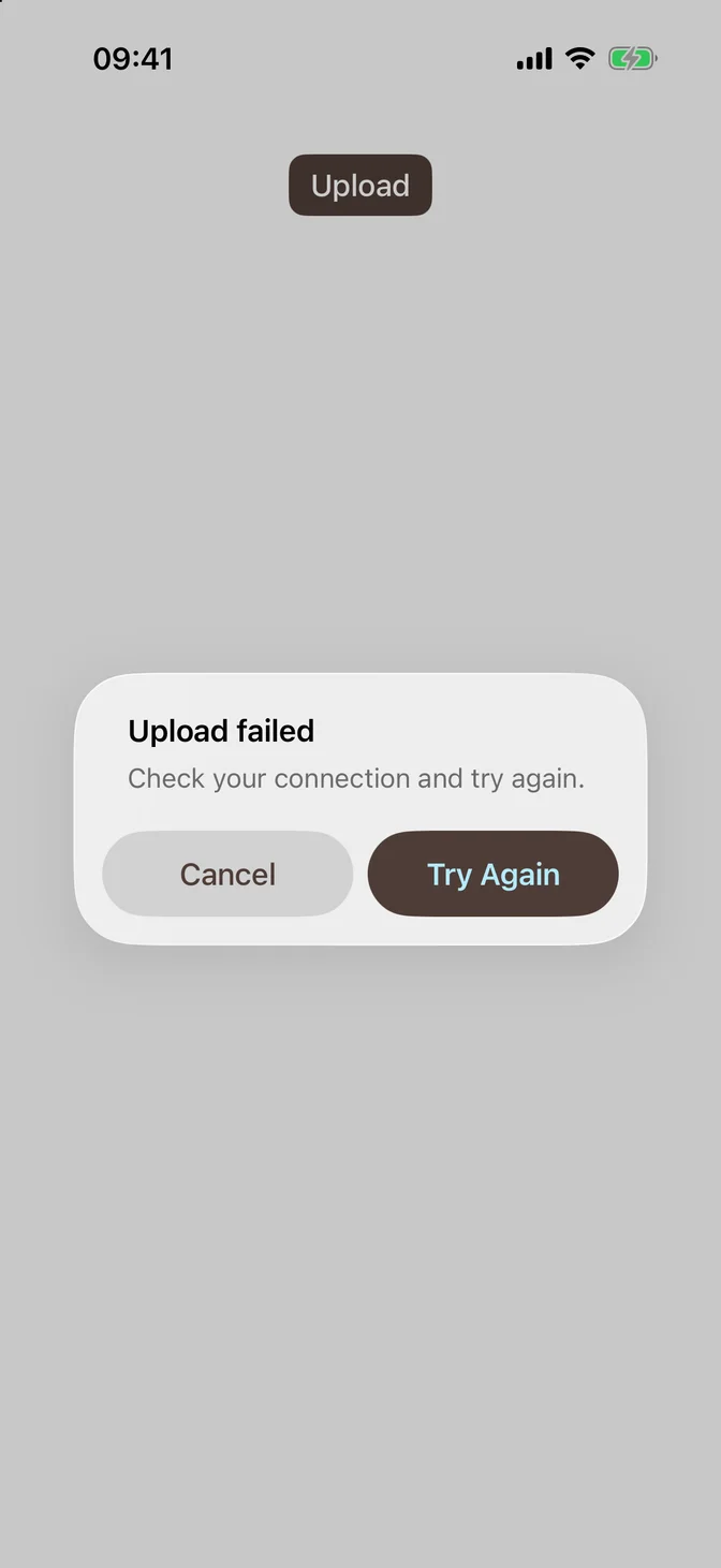 Native alert showing an upload error