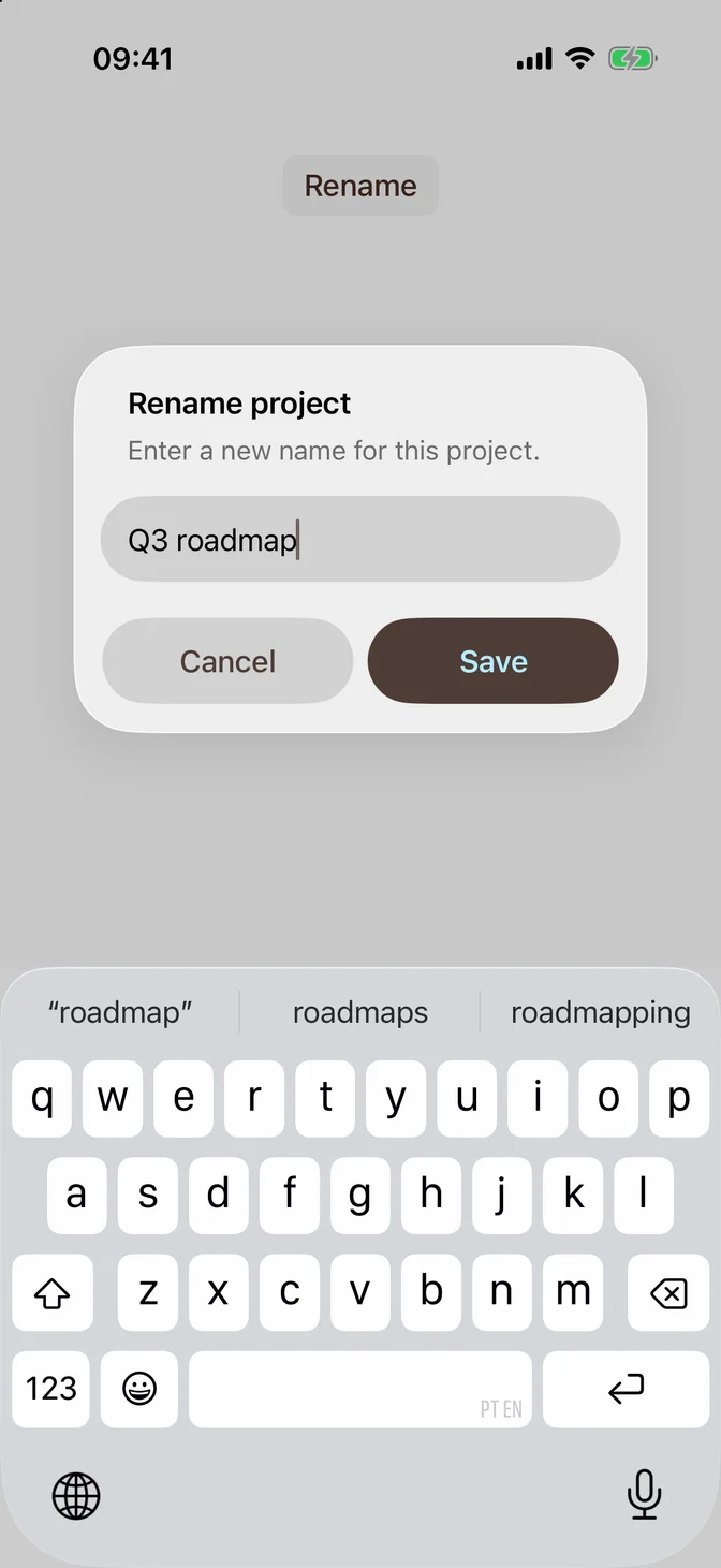 Native alert with a text field to rename a project