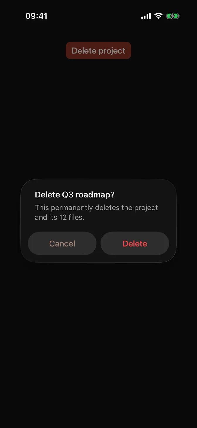 Native alert asking to delete a project