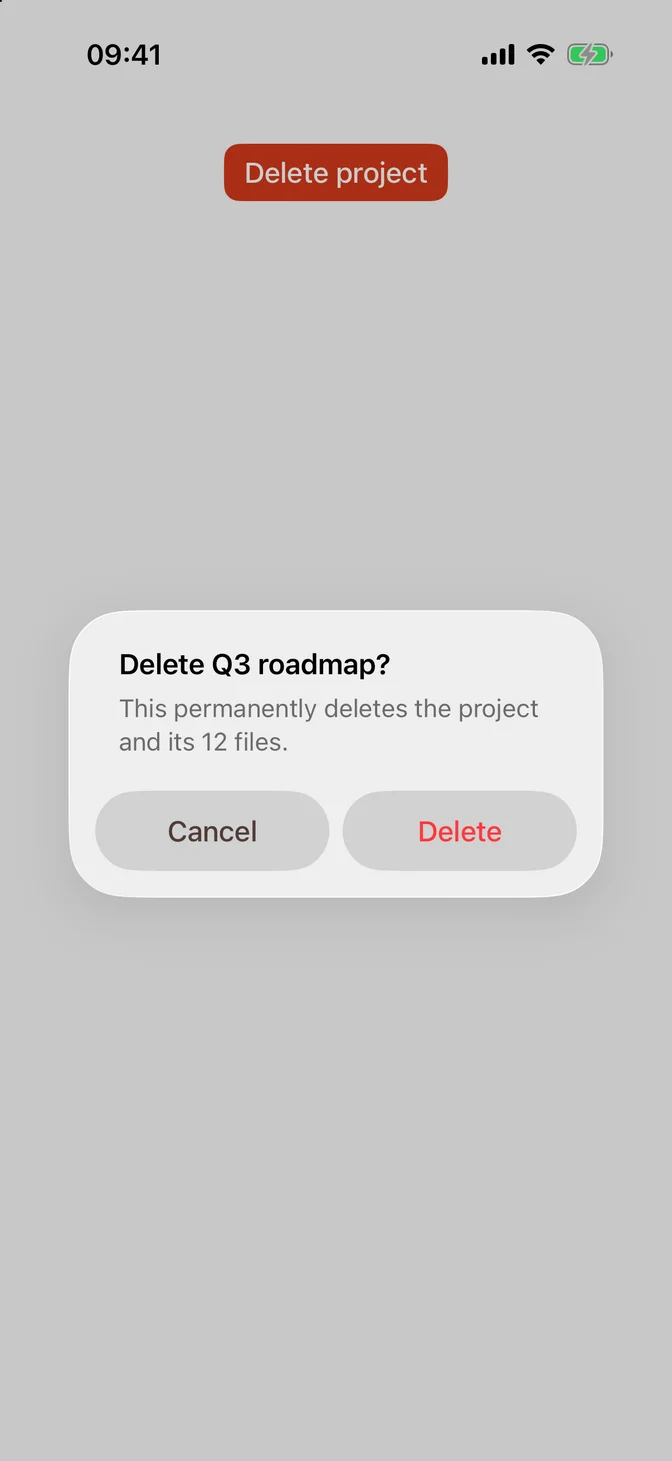 Native alert asking to delete a project