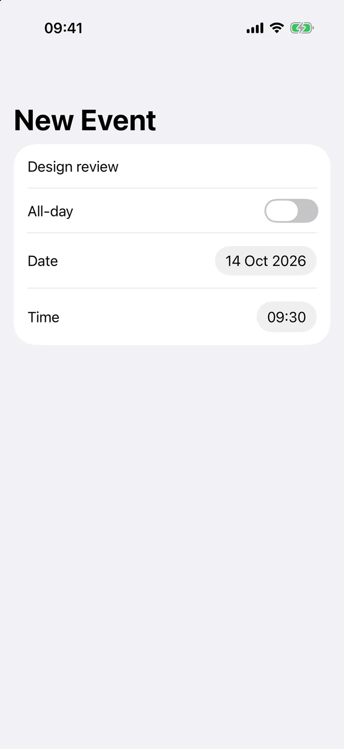 Form with a title, an all-day toggle, a date, and a time