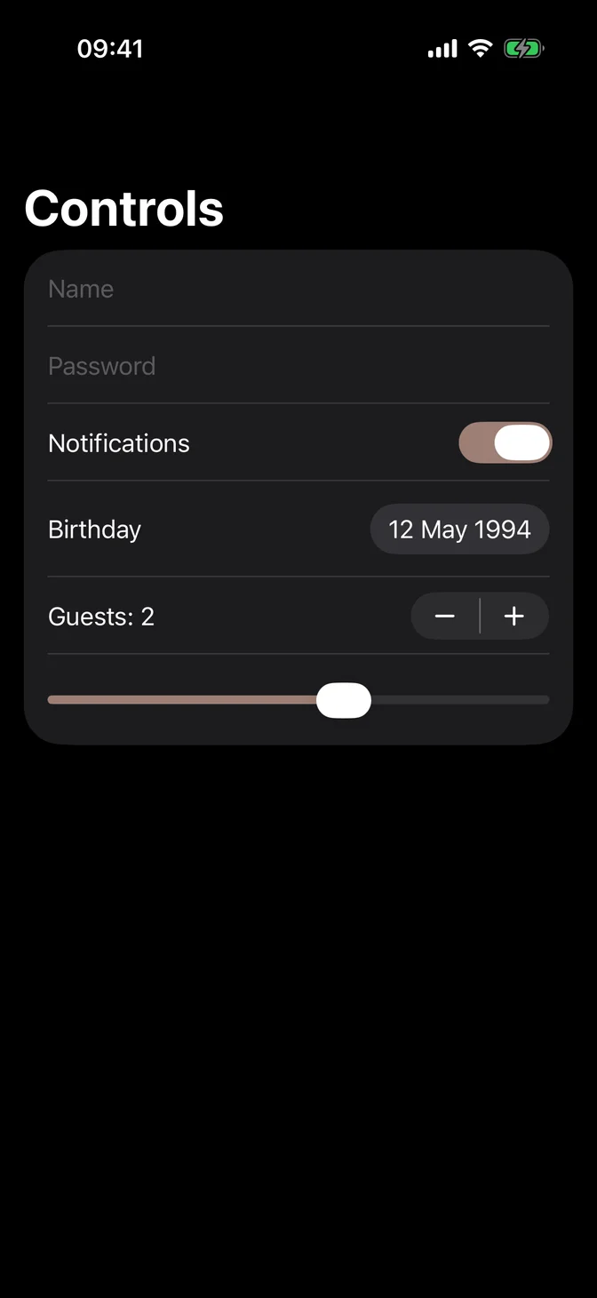 Form with a text field, secure field, toggle, date picker, stepper, and slider