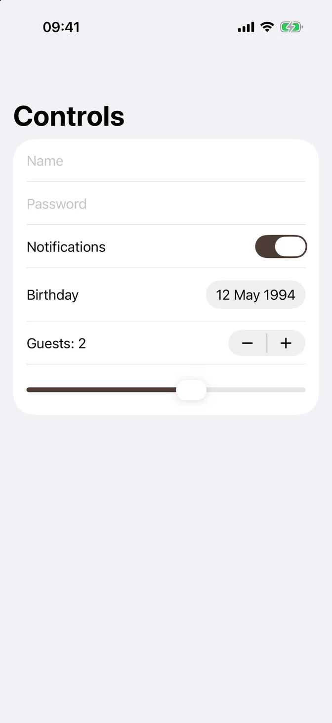 Form with a text field, secure field, toggle, date picker, stepper, and slider