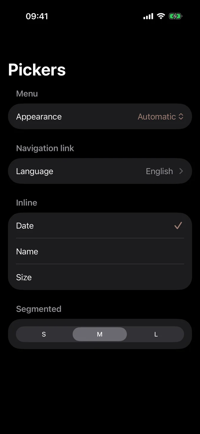 Form with menu, navigation link, inline, and segmented pickers