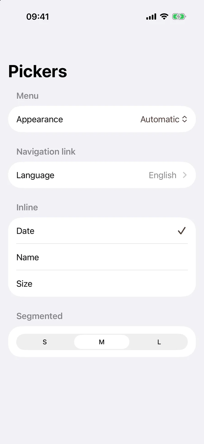 Form with menu, navigation link, inline, and segmented pickers