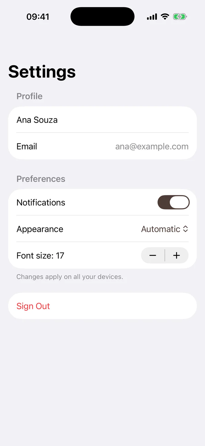 Native settings form