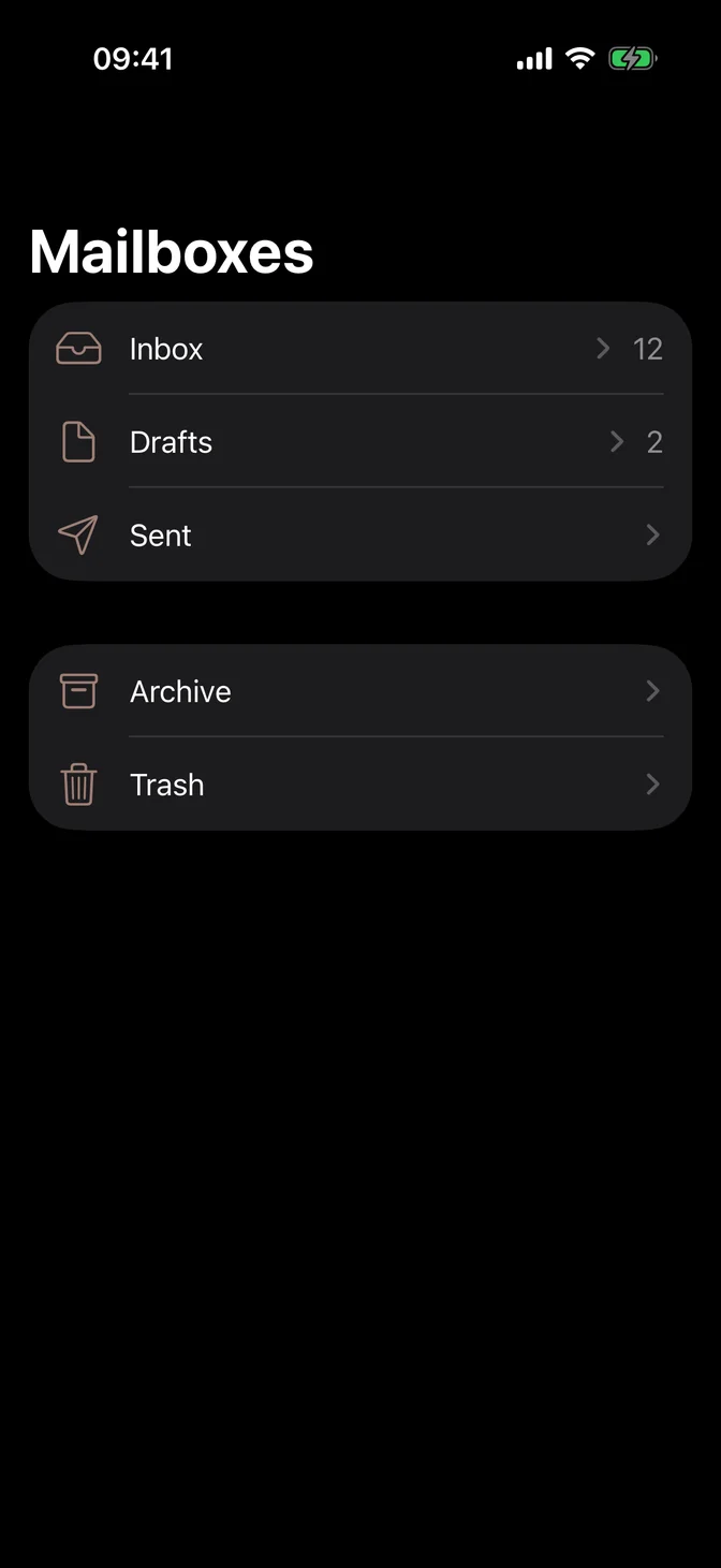 List of mailboxes with icons, badges, and chevrons
