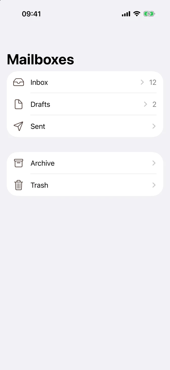 List of mailboxes with icons, badges, and chevrons