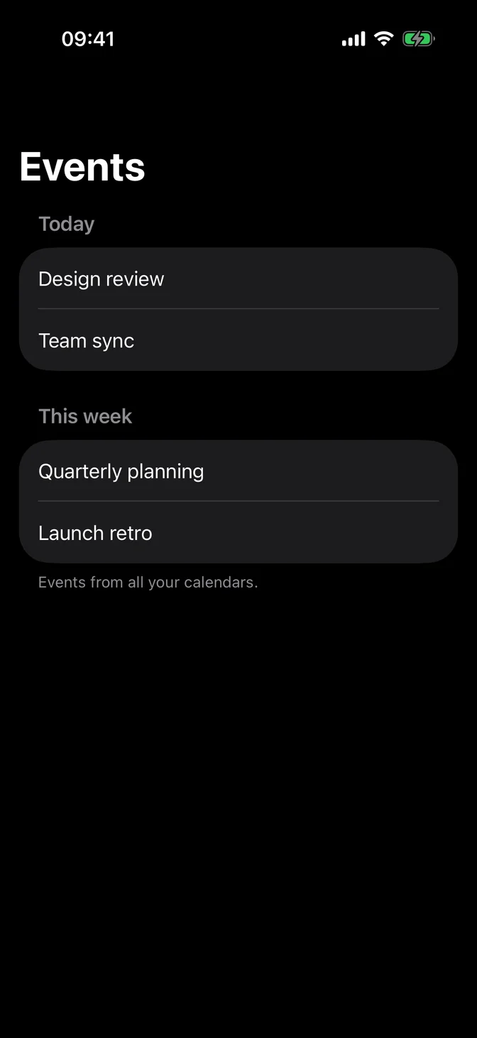 List with section headers and a footer
