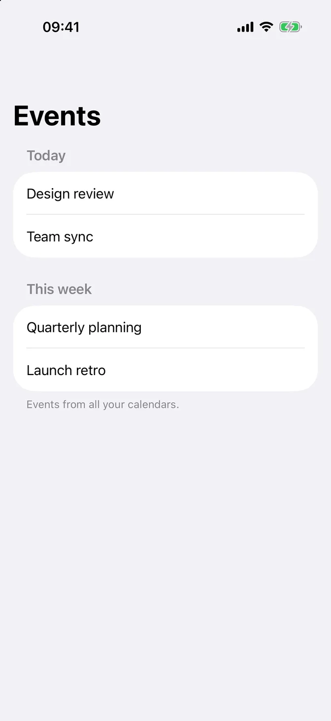 List with section headers and a footer