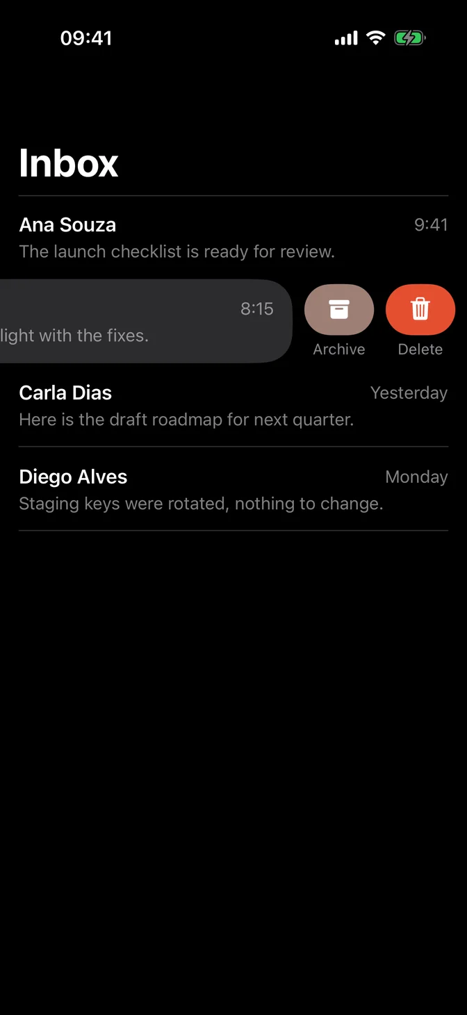 List row swiped to show Archive and Delete actions