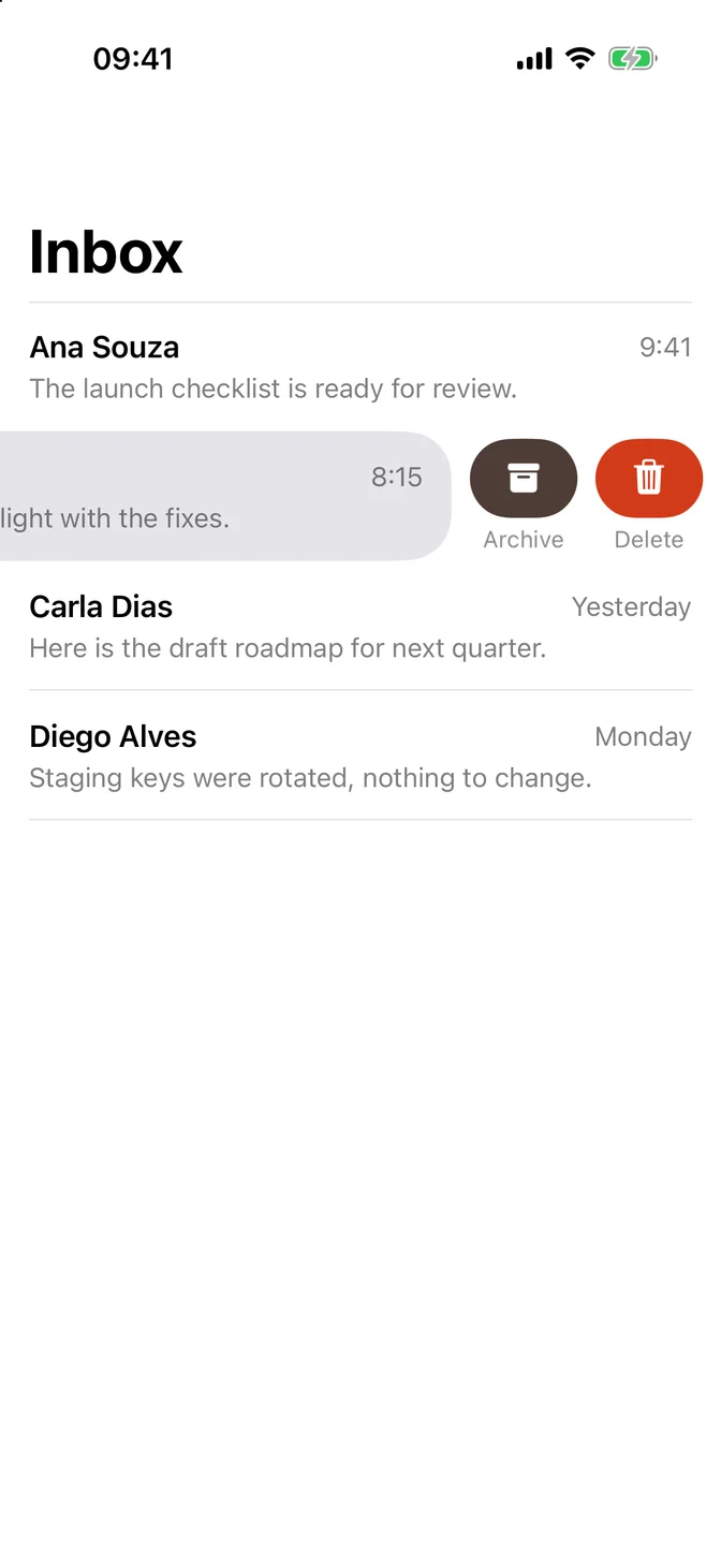 List row swiped to show Archive and Delete actions