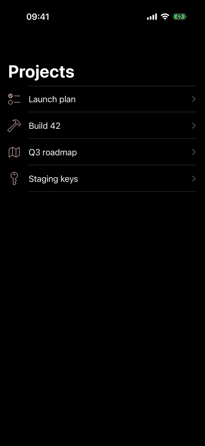Navigation stack with a large title and a list of projects