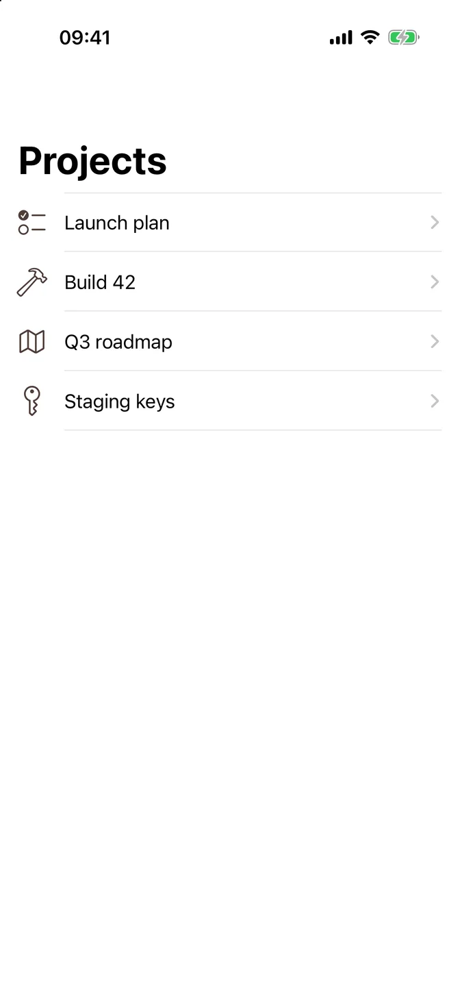 Navigation stack with a large title and a list of projects