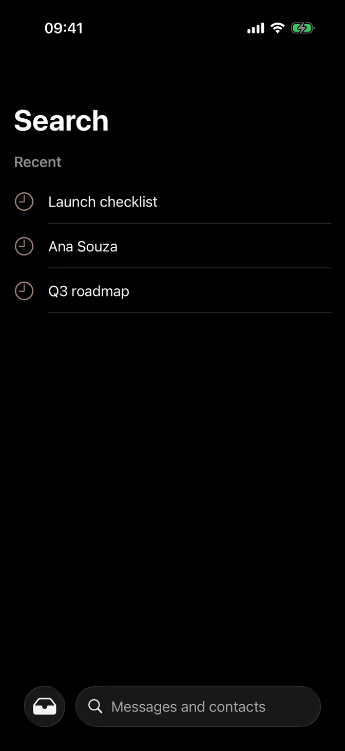 Search tab with recent searches and a search field