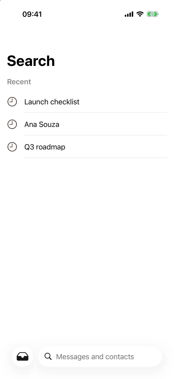 Search tab with recent searches and a search field