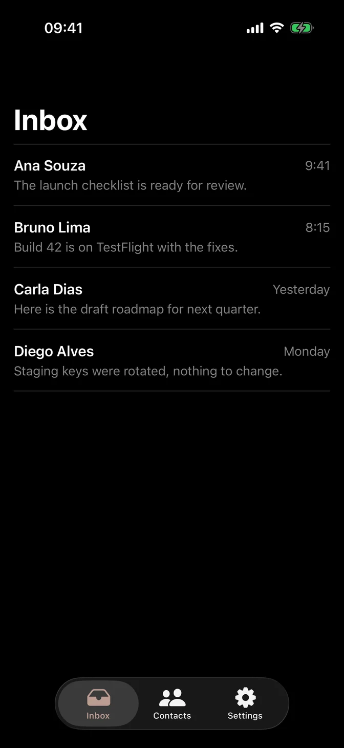 Native tab bar with inbox, contacts, and settings tabs