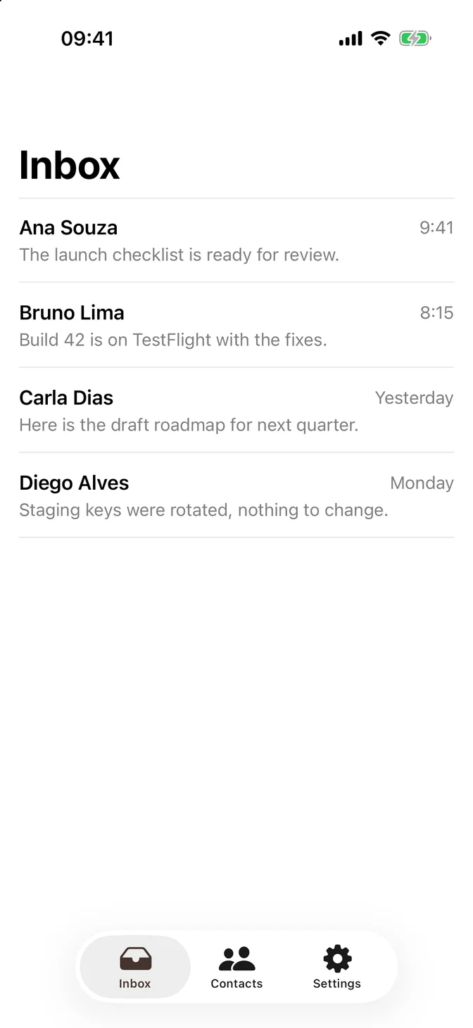 Native tab bar with inbox, contacts, and settings tabs