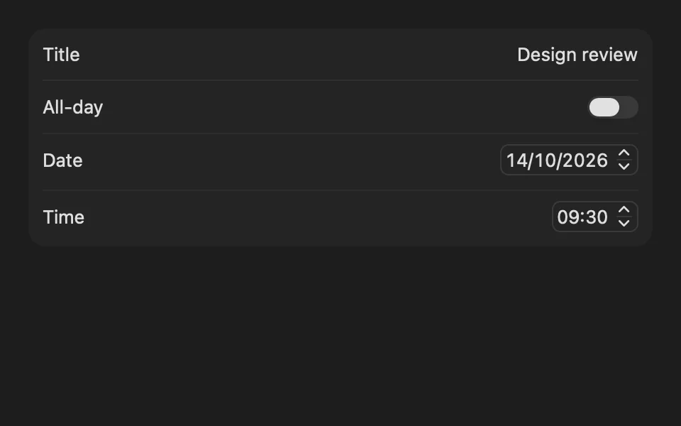 Grouped form with a title, an all-day toggle, a date, and a time