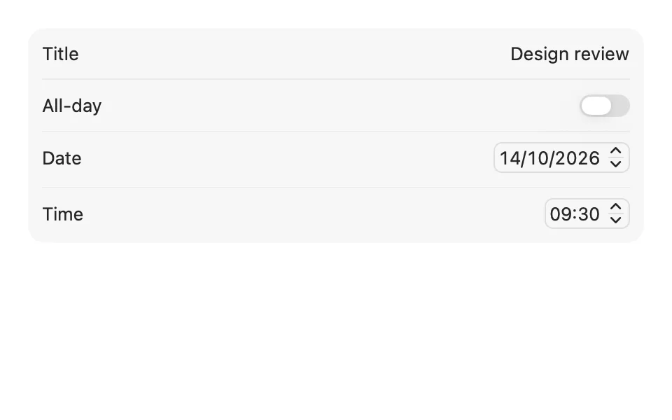Grouped form with a title, an all-day toggle, a date, and a time