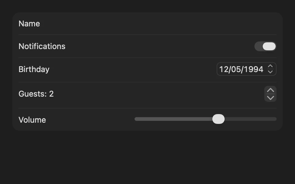 Grouped form with a text field, toggle, date picker, stepper, and slider
