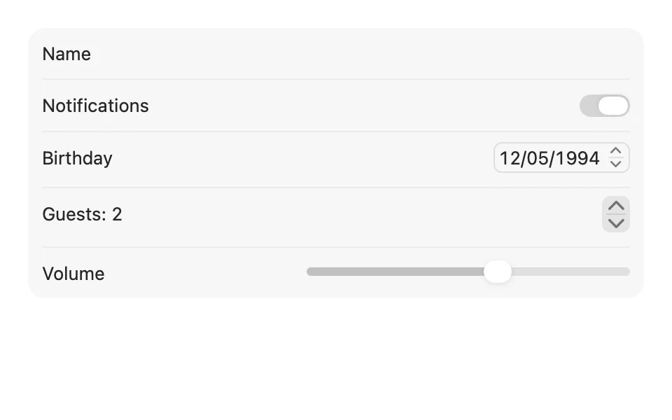 Grouped form with a text field, toggle, date picker, stepper, and slider