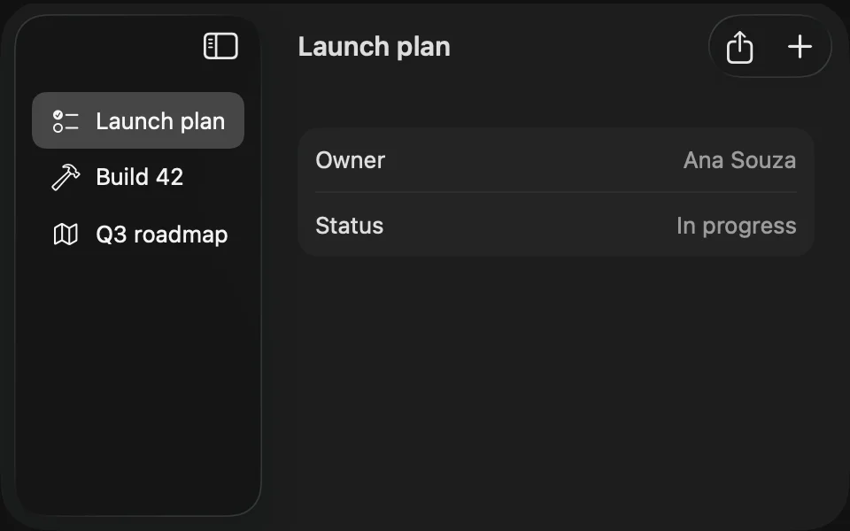 Window toolbar with share and new project buttons next to the detail title