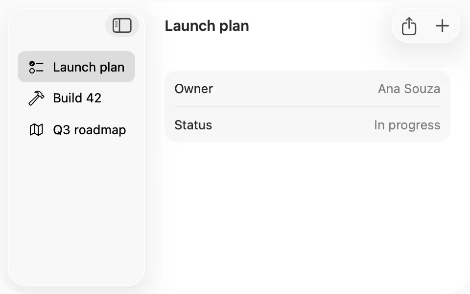 Window toolbar with share and new project buttons next to the detail title