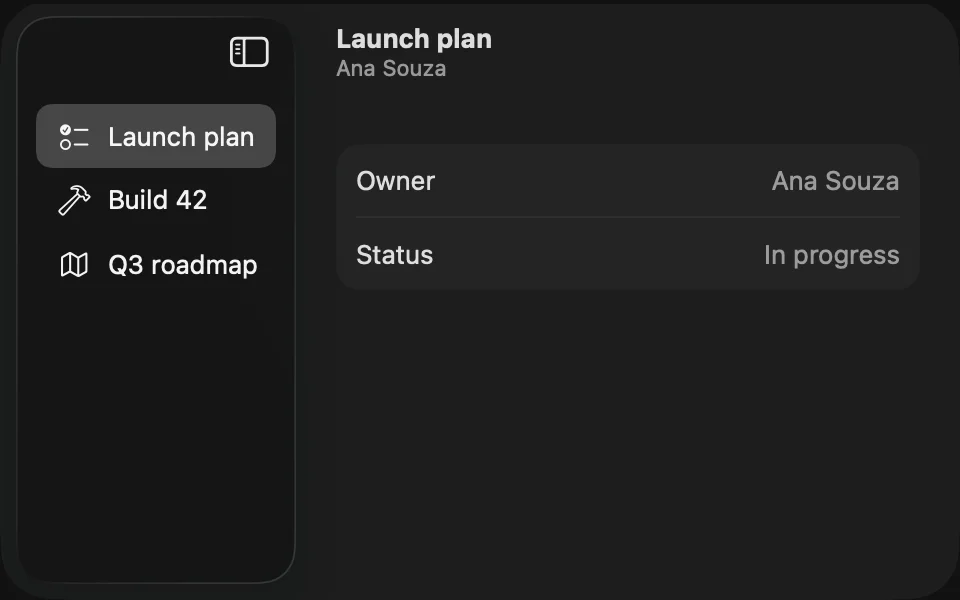 Split view with a sidebar of projects and the selected project's details