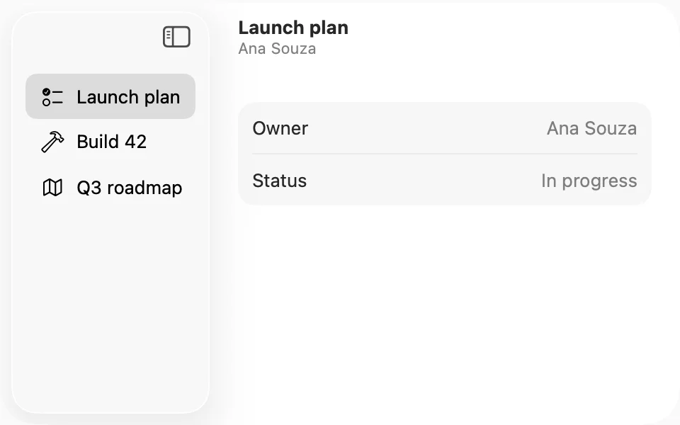 Split view with a sidebar of projects and the selected project's details