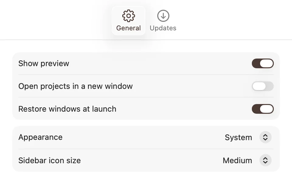 Settings window with general and updates tabs in the toolbar